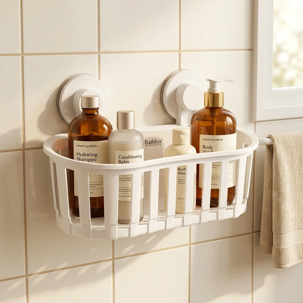 BATHLUX Saugnapf-Duschablage Ohne Bohren Wandmontage Badezimmer-Aufbewahrungskorb Abnehmbare Großraumige Duschablage Organizer