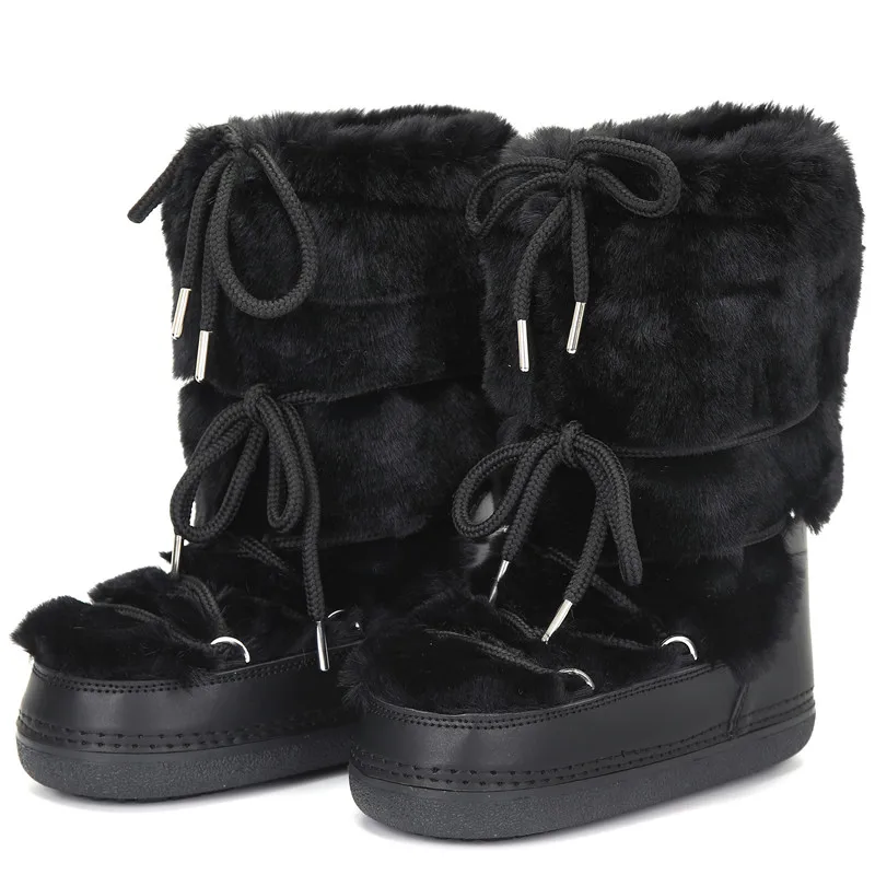 2026 Winter Schneestiefel Damen Stiefel Flauschige Pelzige Kunstfell-Stiefel Schnürung Mittelhohe Wadenhöhe Plateau Rosa Schwarz Weiß Skistiefel
