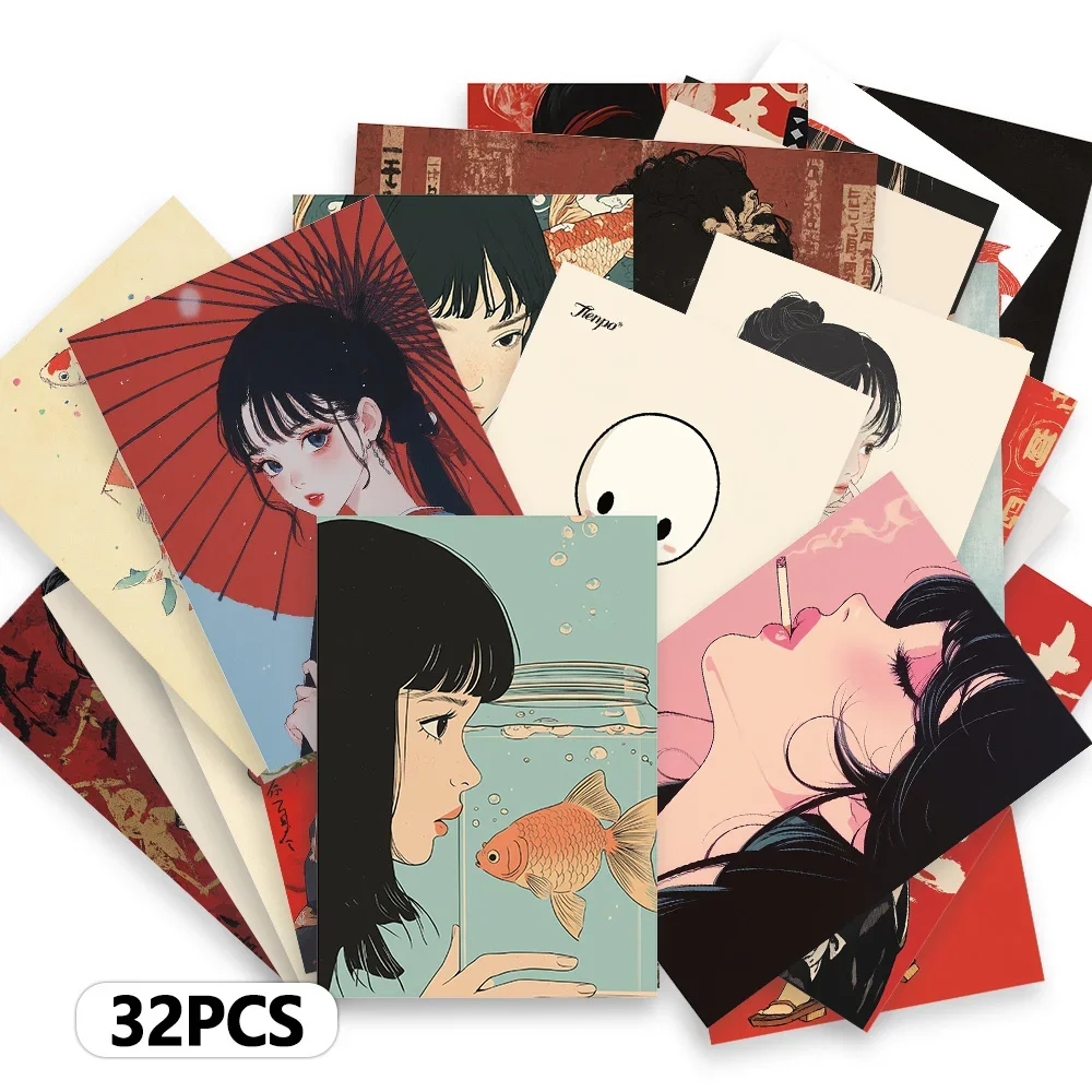 32 Stück, Postkarten im japanischen Stil mit Mädchenmotiven, Dekorations-/Grußkarten/Postkarten, hochauflösender Druck, sammelbar und per Post verschickbar Image