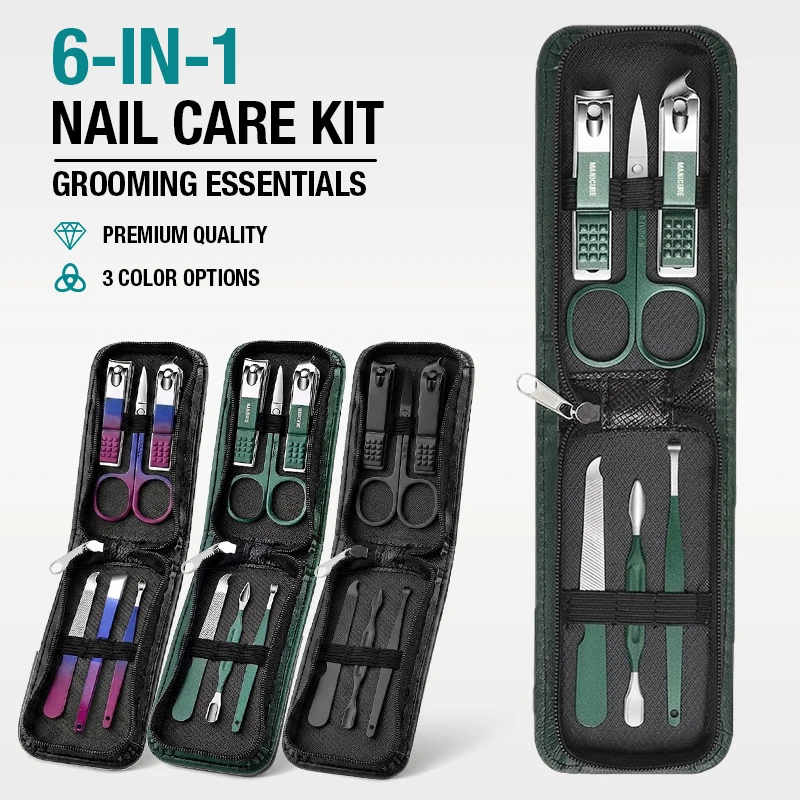 6-in-1 tragbares Nagelknipser-Set, Reise-Maniküre-Set für Männer und Frauen – inklusive Nagelknipser, Schere, Feile und Pflegewerkzeuge, Schwarz Image