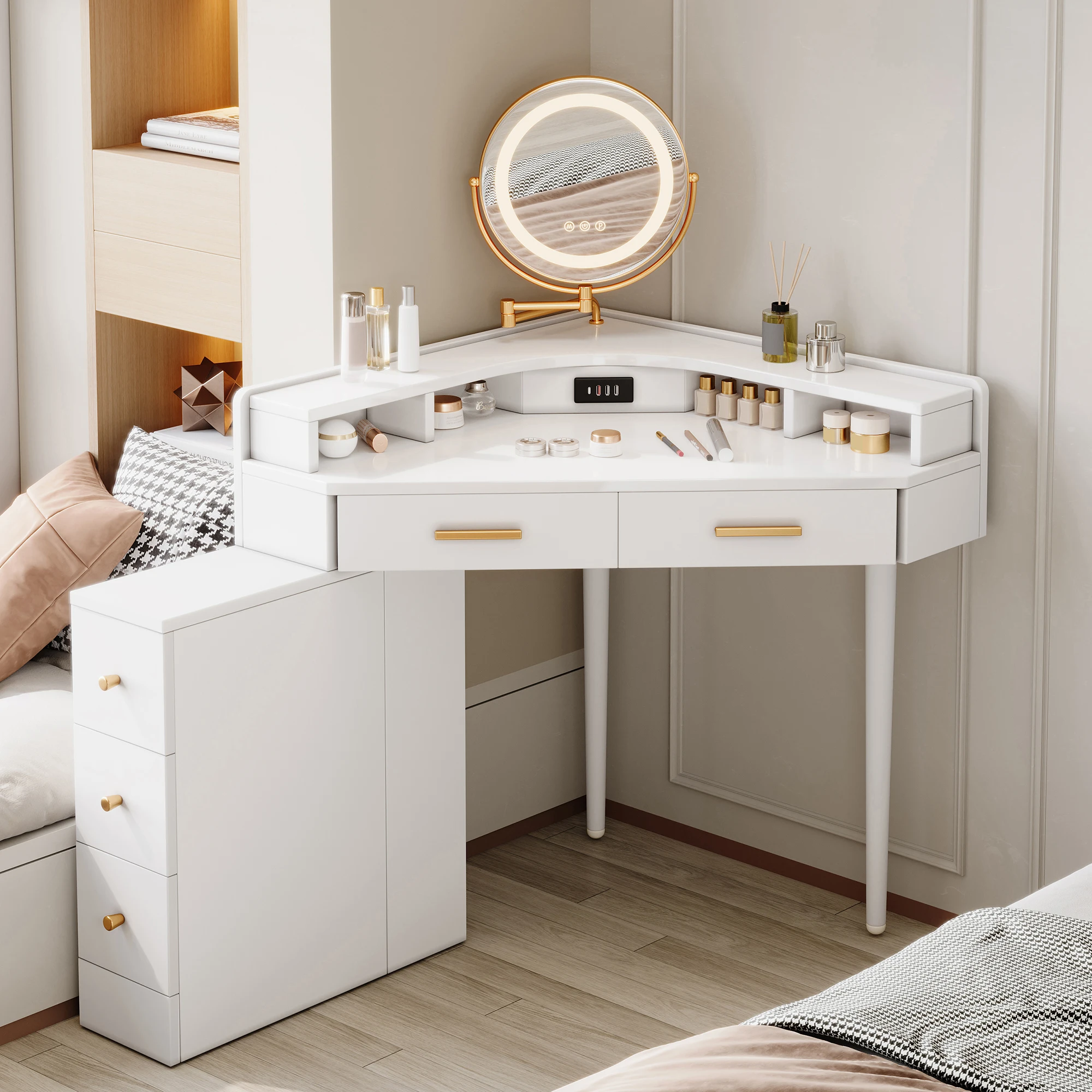 Eck-Schminktisch, Eck-Frisiertisch, 105,5×75×120cm Weißer Moderner Schminktisch, Drehbarer Dimmbarer LED-Spiegel, 5 Schubladen mit USB- & USB-C-Anschlüssen, All-in-One Kosmetikschrank für