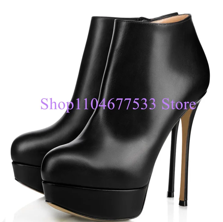 Schwarz Leder Runde Kappe Dame Plattform Stiefeletten Mode Dünne Ferse Frau Kurze Stiefel Große Größe Bankett Party Kleid Schuhe