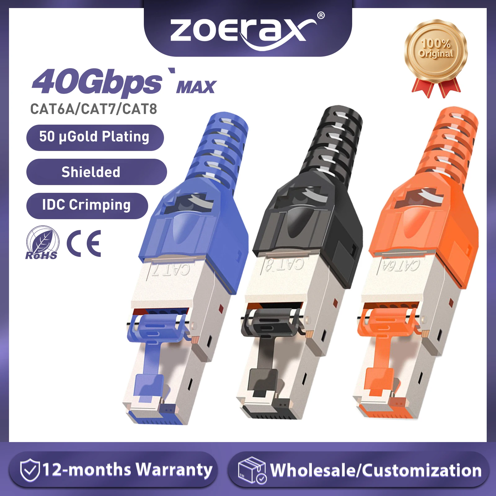 ZoeRax 10er-Pack RJ45 Cat8 Cat7 Cat6a-Steckverbinder, werkzeuglose, abgeschirmte Ethernet-Abschlussstecker aus Zinklegierung für 23AWG SFTP-Kabel Image