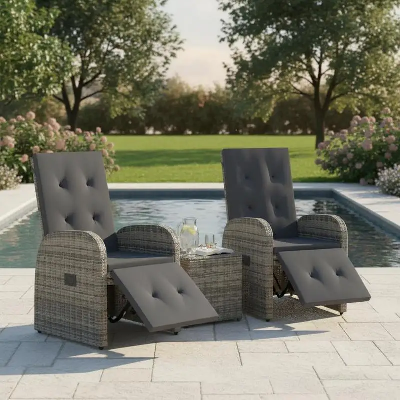 Außen-Relaxsessel 2-teilig mit Auflagen Polyrattan Grau Garten Hinterhof Polsterkissen Sitzkomfort Liegefunktion Gartenmöbel Platzsparend