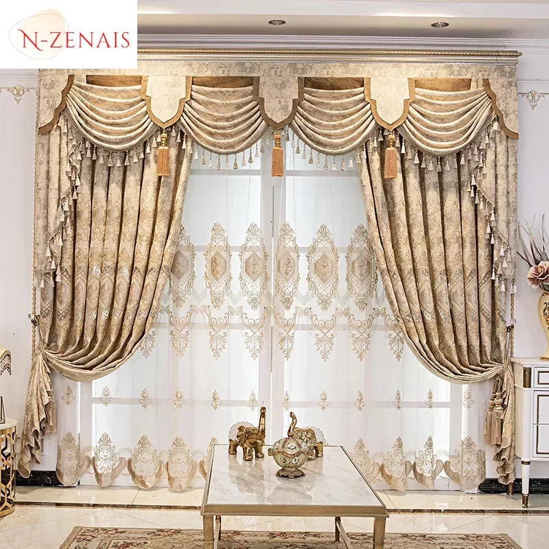 Europäische Kaffee bestickte Luxusvorhänge für Wohnzimmer Schlafzimmer Verdunkelung Esszimmer Chenille Volant Eleganter Tüll verdicken Image