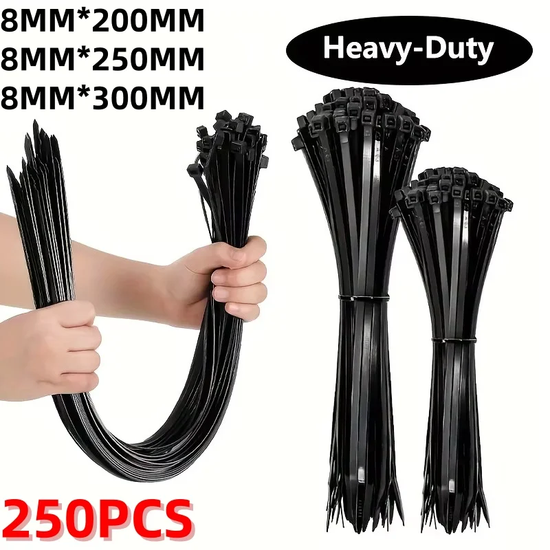 8MM 250 Stück Hochleistungs-Kabelbinder, Schwarze Nylon-Kabelbinder mit Wasserbeständigkeit, Rutschfestigkeit und Bruchfestigkeit Image