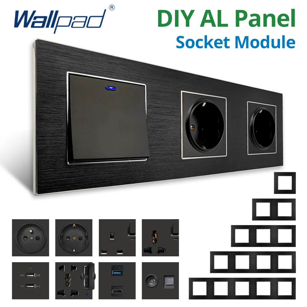 Wallpad DIY Modul Schwarz Aluminium Panel Wand Steckdose Steckdose Funktion Schlüssel Freie Kombination Image