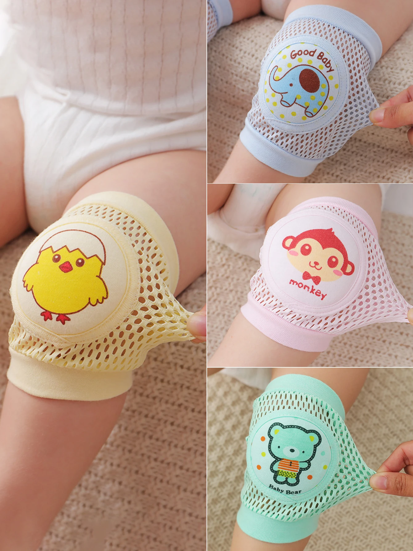 Baby-Krabbelknieschoner, geeignet für Krabbelkinder im Innenbereich, niedliches Cartoon-Design, atmungsaktives Netzgewebe und elastisches Mundstück. Image