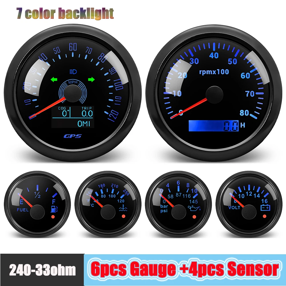 Black 85mm GPS Speedometer 80MPH Waterproof 6 Gauge Kit Fit Car Boat Marine Gasolines Vehicle Tachometer Water Temp Fuel Gauges