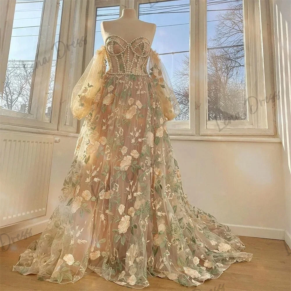 Lena Pearl Decoration Luxury Dress Women 2024 High Quality Embroidered Lace Party Dress for Wedding A Line Long Skirt Ball Gowns