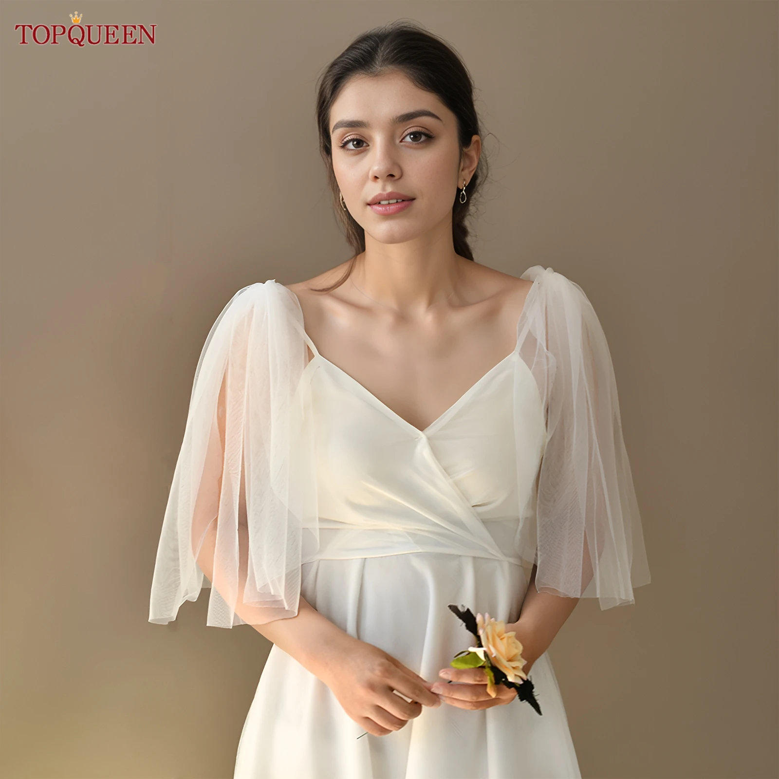 TOPQUEEN VG40 DIY Mini-Schultertuch, Hochzeitsschleier, kurze Brautjacken, Bolero mit Ärmeln, Brautjungfernkleid, Dekoration für den Abend Image