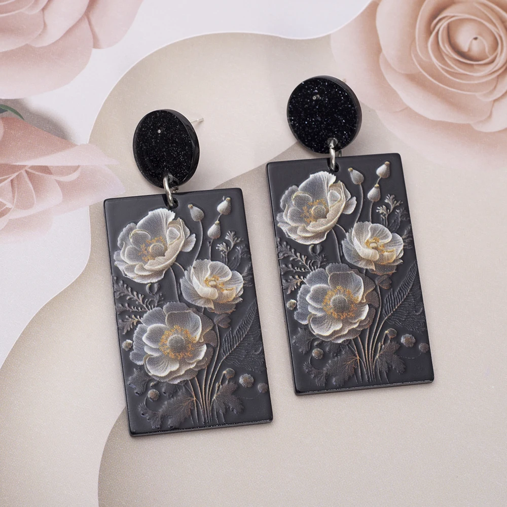Schwarzes Acryl-3D-Druck-Design, weiße Blumen-Ohrringe für Frauen, Vintage, elegante Trends 2026, Leichtigkeit, bezaubernder Schmuck, Party-Geschenk Image