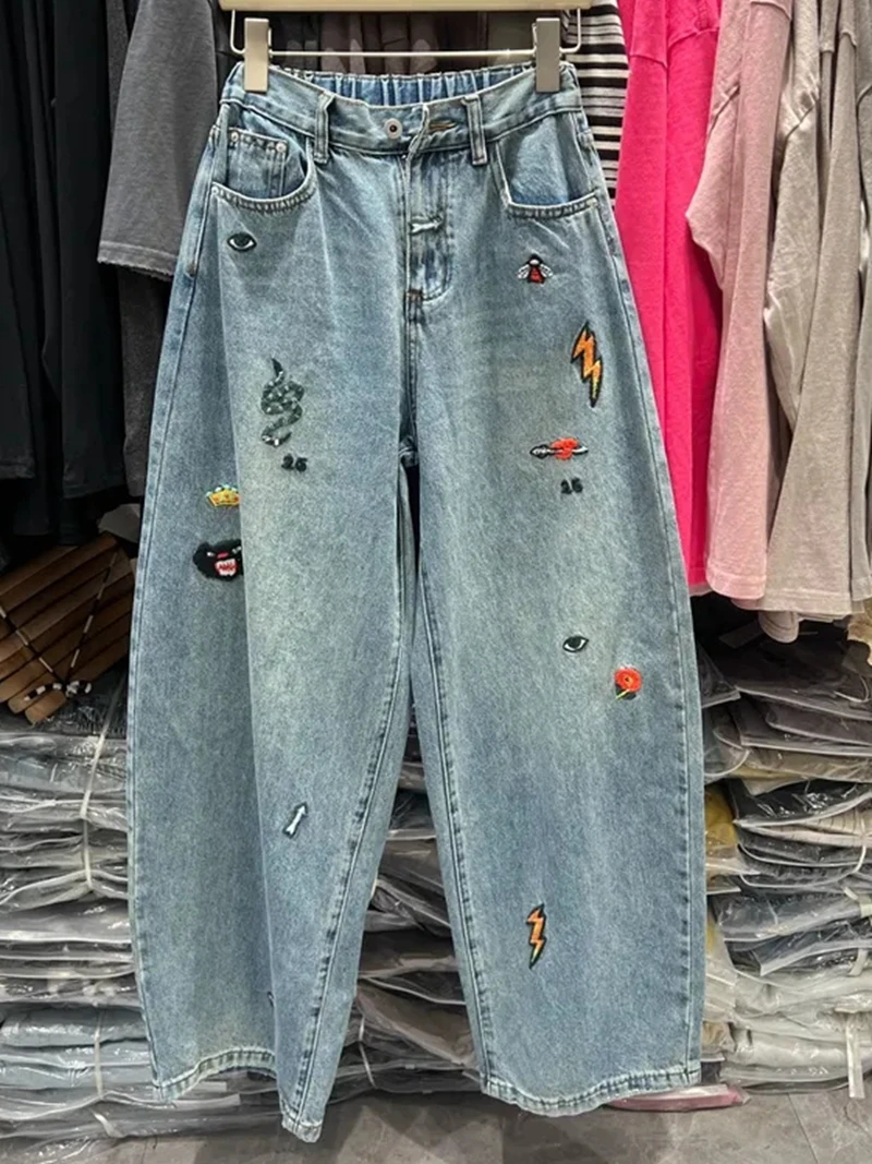 Plus Größe 5XL 140 kg Herbst Vintage Jeans Elastische Taille Stickerei Jeans für Frau Breite Bein Hosen Große größe Jeans übergroßen Tuch