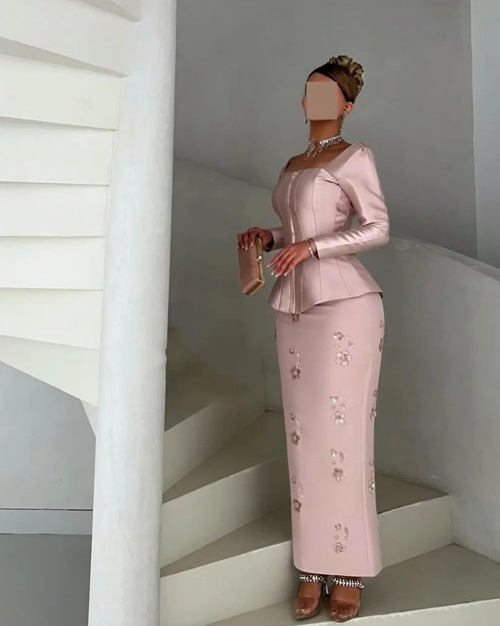 Customized Intricate Luxurious Handmade Flower Rhinestone Straight Square Neck Ankle Length Evening Dresses for Woman Formal