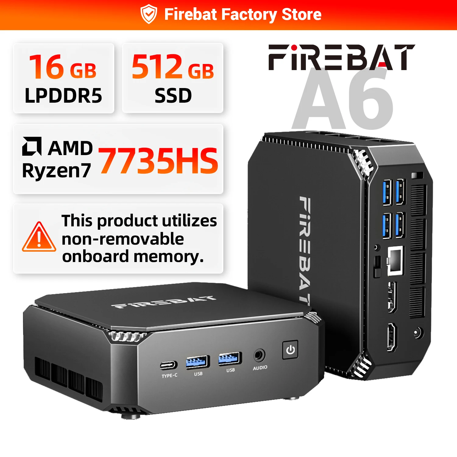 FIREBAT A6 MiniPC AMD R7 7735HS Dual Band WiFi6 BT5.2 16GB LPDDR5 RAM 512GB SSD Windows 11 Desktop Gaming Computer Mini PC