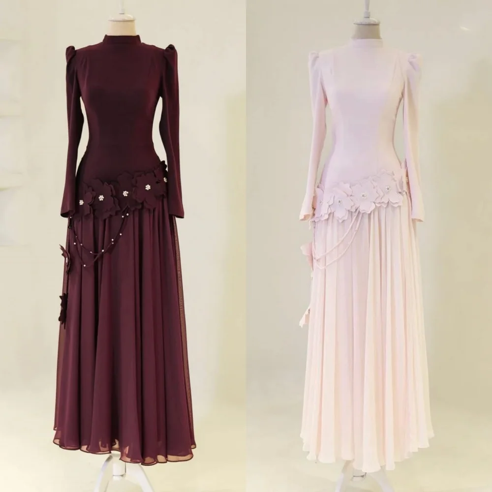 Customized Intricate Retro Jersey Rhinestone Handmade Flower Pleat Ruched A-line High Collar Long Dresses Evening Dresses Casual