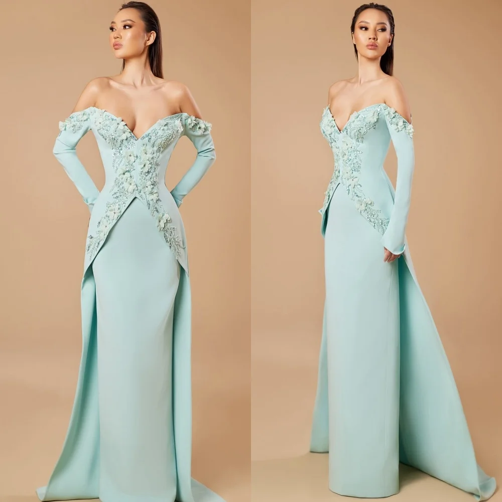Customized Chinese Style Jersey Sequined Flower Straight Off-the-shoulder Long Dresses Bespoke Occasion Retro