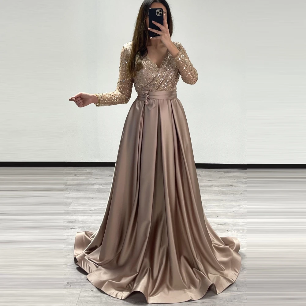 Customized Robe De Soirée Custom Made Long Sleeves A-Line Sequined Evening Gown Satin Saudi Arabic Party Dress Prom Dresses