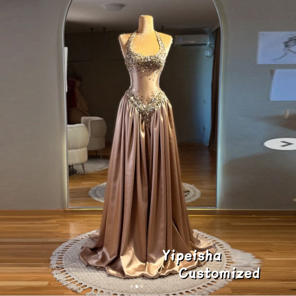 Customized Princess A Line Evening Dresses Halter Neck Sleeveless Prom Gowns Sequins Beaded Back Bow Birthday Party
