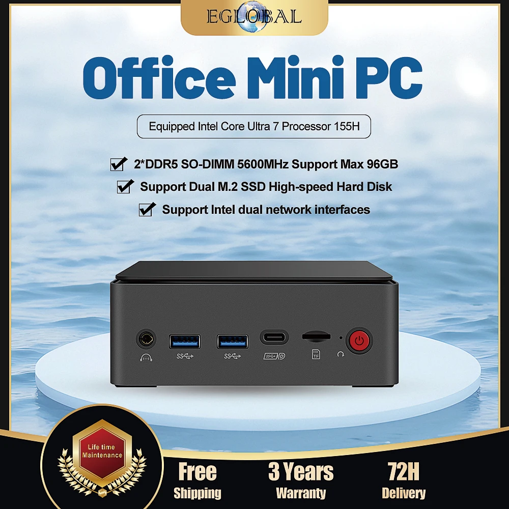 EGLOBAL Intel Core Ultra 7 155H 185H Mini PC Windows11 Thunderbolt 4 16/32G DDR5 512G/1T M.2 SSD Gaming Desktop Mini Computer
