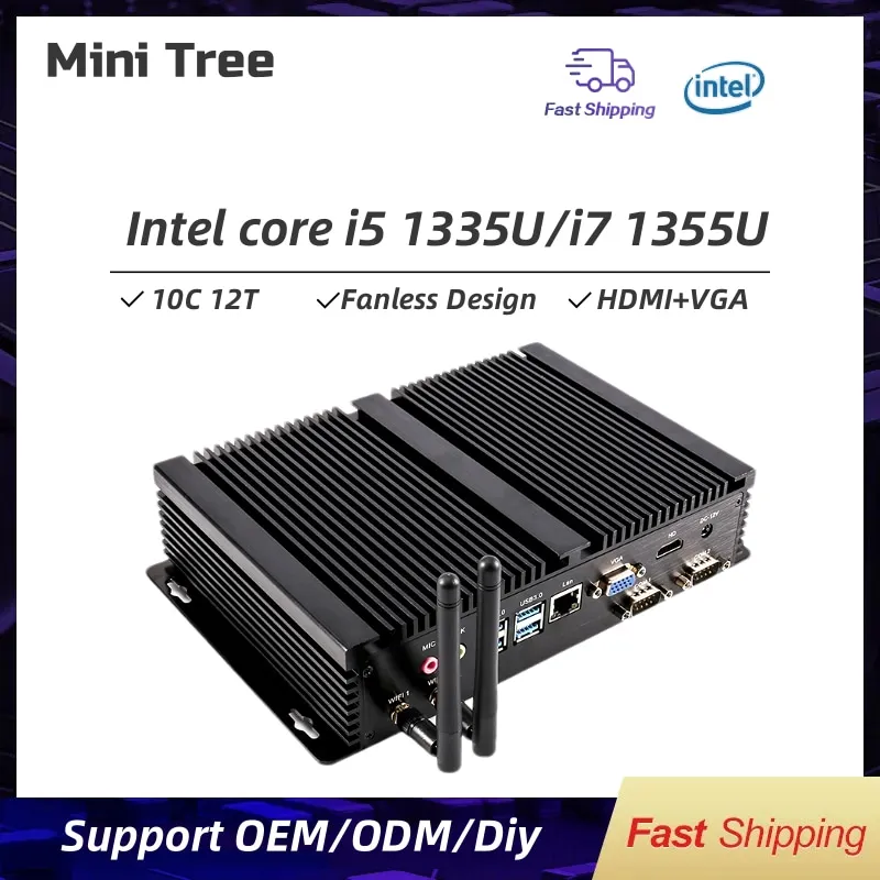 Compact Industrial Fanless Mini PC Core i7-1335U i5-1235U DDR4 HD VGA Linux Business Office Desktop Mini Computer Dual RS232 COM