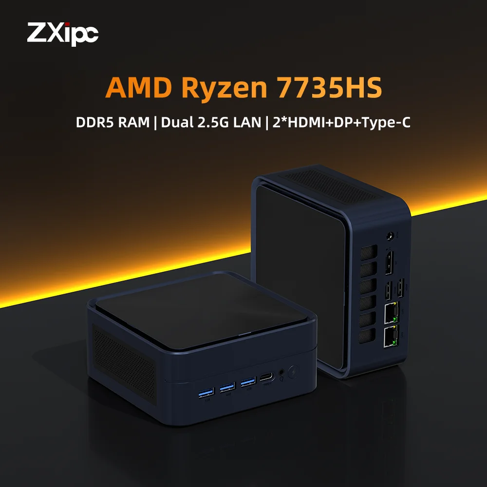 ZXIPC NUC AMD Ryzen 7 7735HS Gaming Mini PC 2*DDR5 2*2.5GLAN 2*M.2 SSD Windows 11 Desktop Computer Dual Cooling Fan WIFI6