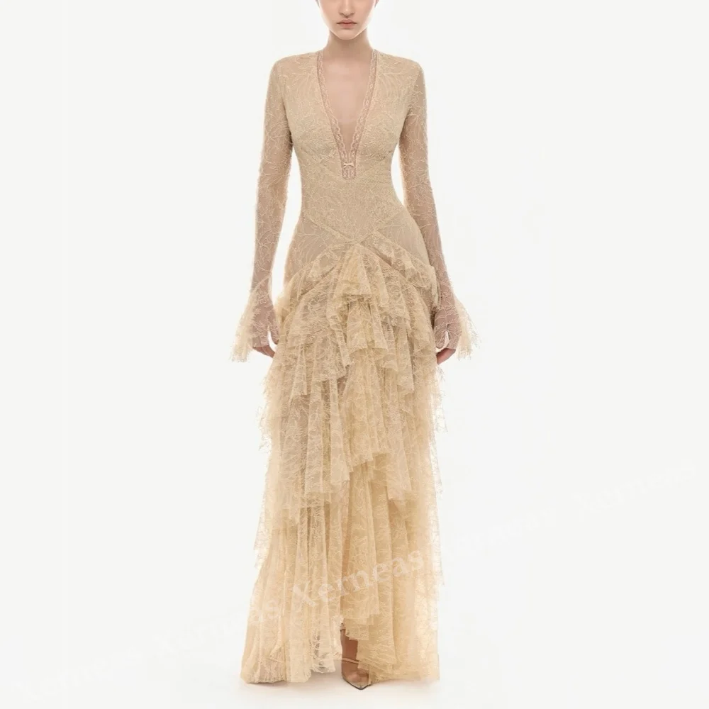 Customized Lace Formal Evening Gowns Long Sleeves V-neck Pleat Long Dresses Wedding Party Dress Elegant High Quality