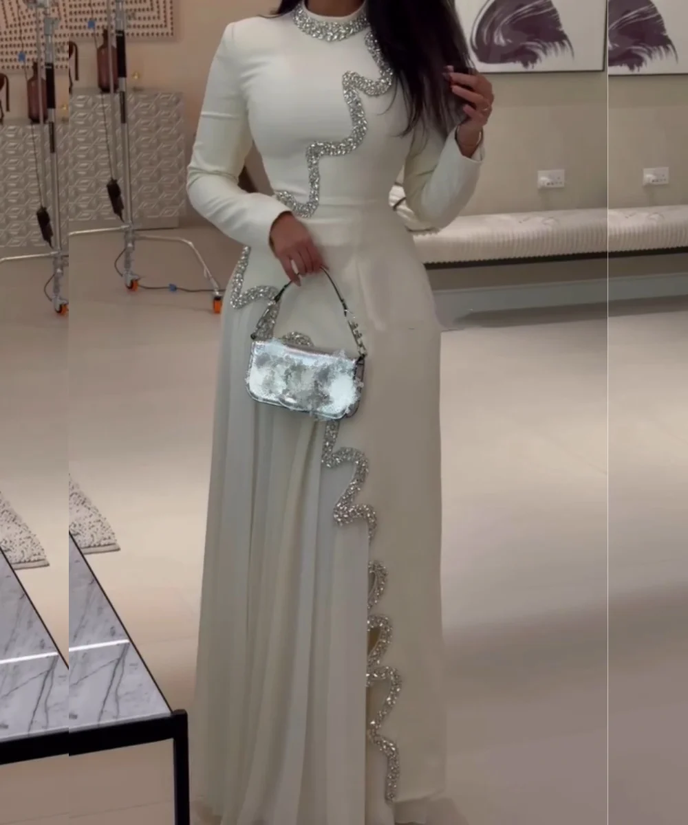 Customized Matching Jersey Pleat Sequined A-line High Collar Long Bespoke Occasion Evening Dresses Simple