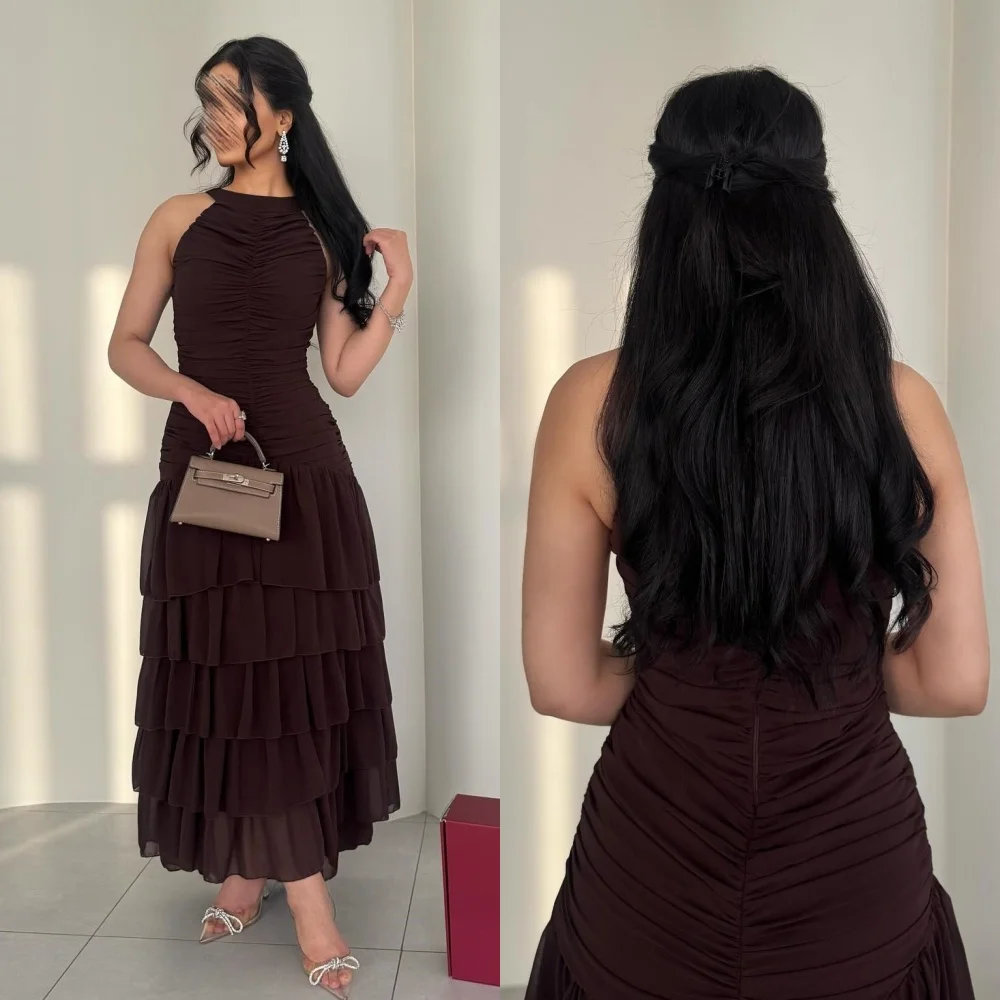 Customized Matching Simple Chiffon Pleat Ruched Tiered A-line High Collar Midi Dresses Bespoke Occasion Dresses High Quality