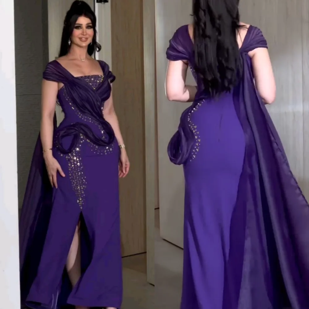 Customized Exquisite Jersey Sequined Pleat A-line Square Neck Long Dresses Bespoke Occasion High Quality