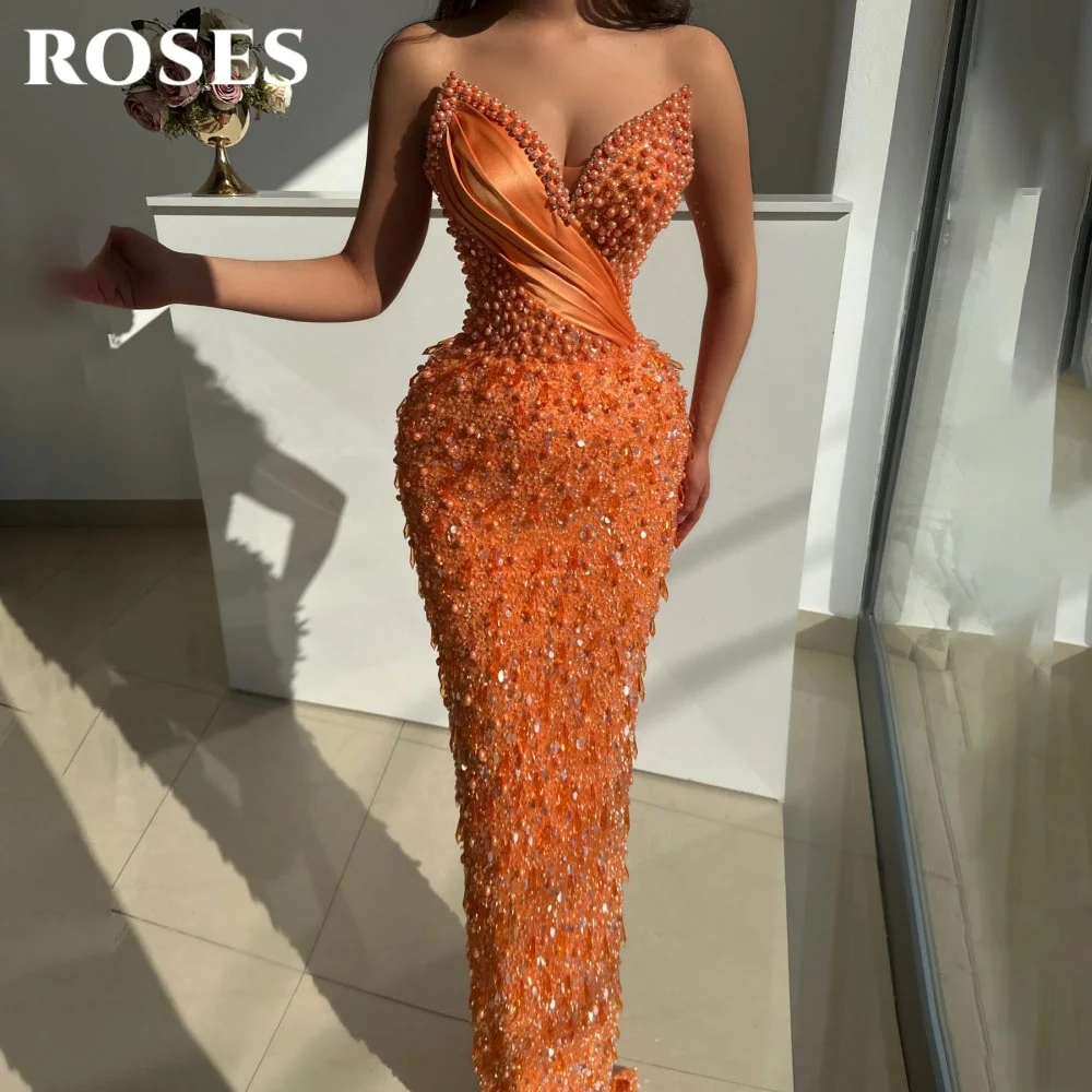 ROSES Orange Sleeveless Evening Dresses Sweetheart Satin Prom Gown with Glitter Crystals Trumpet Pleats Party Dress Customized