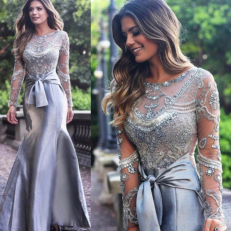Luxury Silver Mermaid Mother of the Bride Dresses Long Sleeves Beading Jewel Neck Wedding Guest Gowns Sparkling Customized