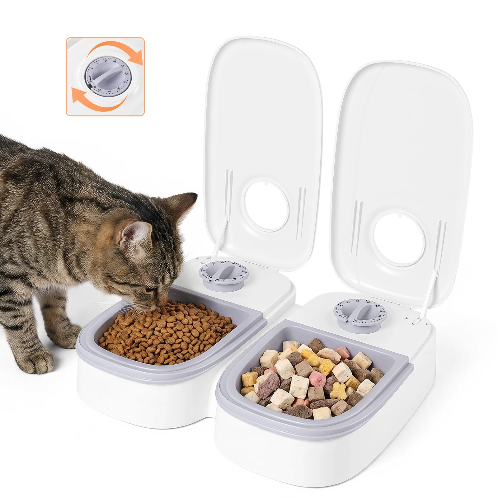 Distributeur automatique de nourriture pour chats et petits chiens, machine à alimentation lente pour chats et chiens avec distributeur de nourriture chronométré, nourrisseur de nourriture sèche et humide avec double gamelle