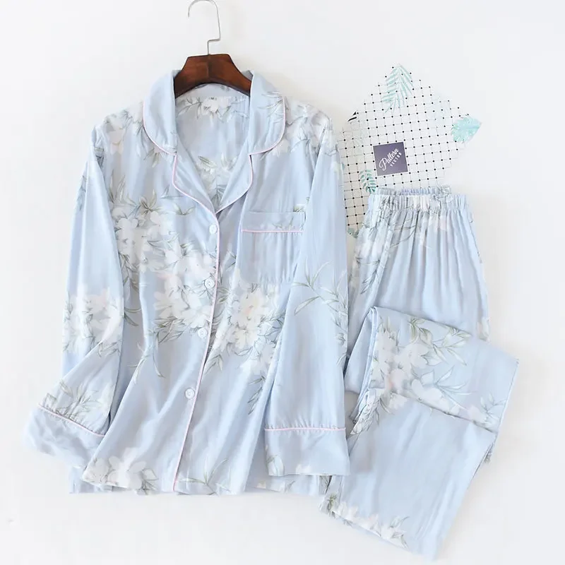 Pyjama à manches longues en fibre de viscose pour femme, costume pantalon en soie, impression de fleurs, service à domicile, style japonais, printemps et été, nouveau