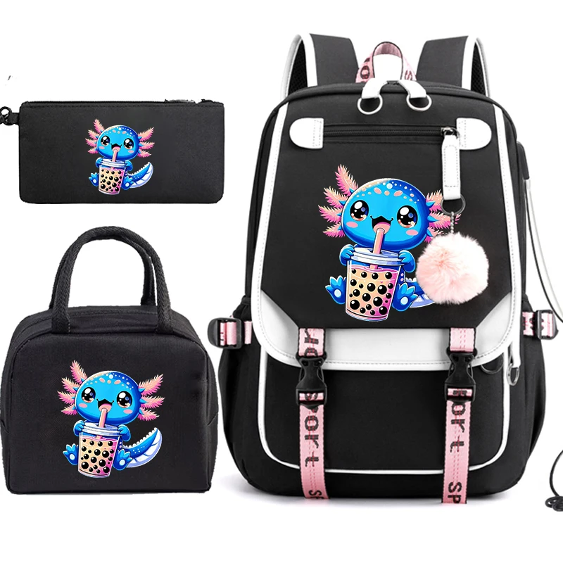 Boba Axolotl Anime école sac à dos pour adolescentes mode retour à l'école Bookbag Mochila Bookbag avec sacs à déjeuner, sac à crayons