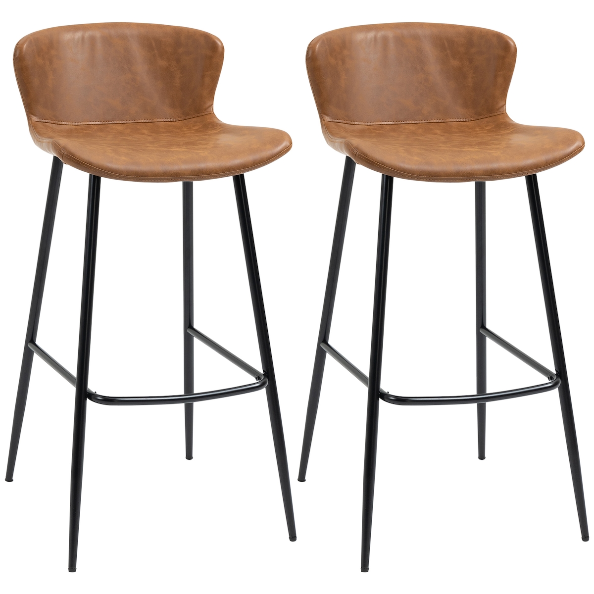 HOMCOM Set aus 2 Vintage-Barhockern – braunes Kunstleder, 76 cm hoch, mit Stahl-Fußstütze und Rückenlehne Image