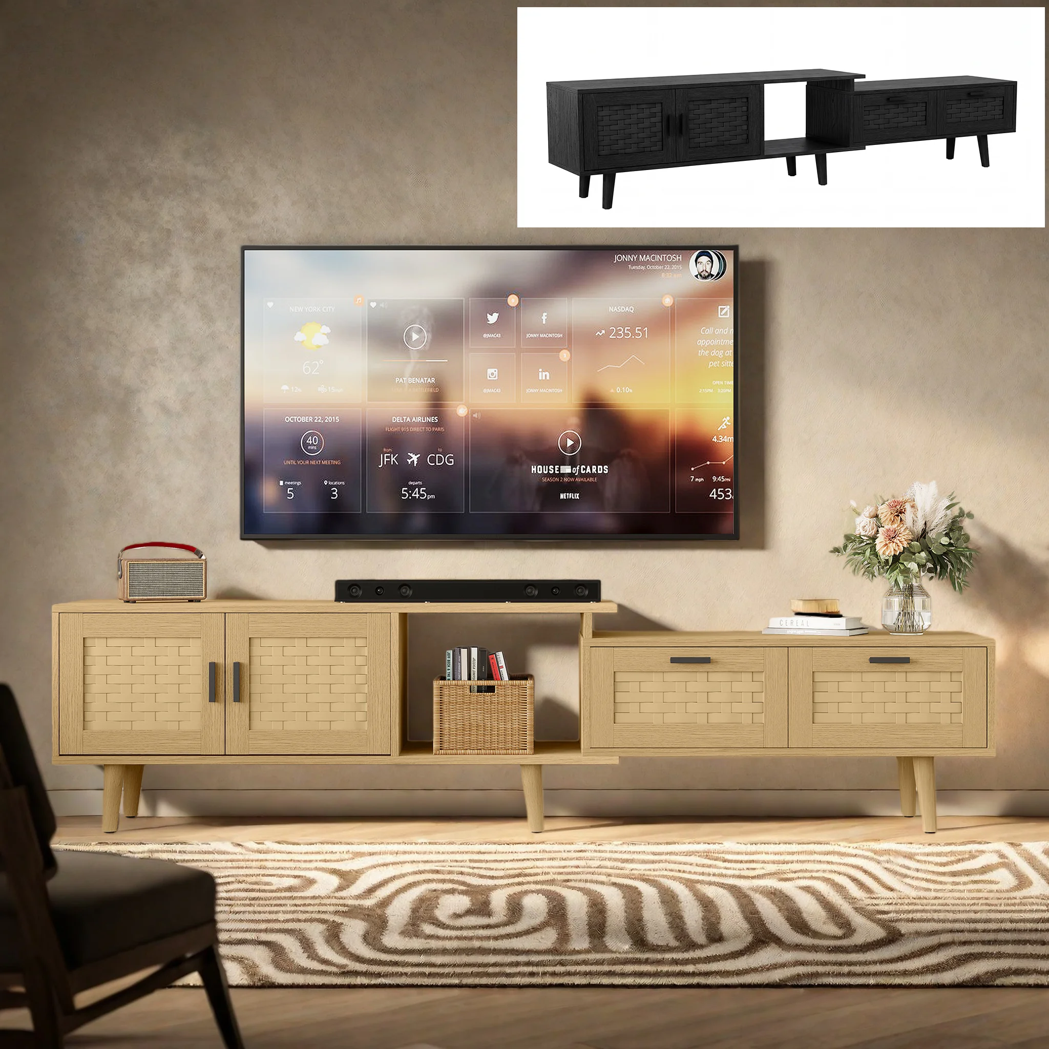 Meuble TV extensible Comanlai en rotin, console multimédia, meuble de rangement, chêne/noir, meubles de salon