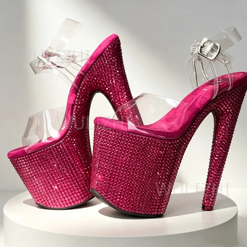 Rosenrosa Kristall-Diamant-Sandalen Funkelnde Damen-Schuhe mit Blauen Juwelen Grüne Gelbe Maßgefertigte Schnallenabsätze 20cm 8 Zoll Offene Pole-Dancing-Schuhe