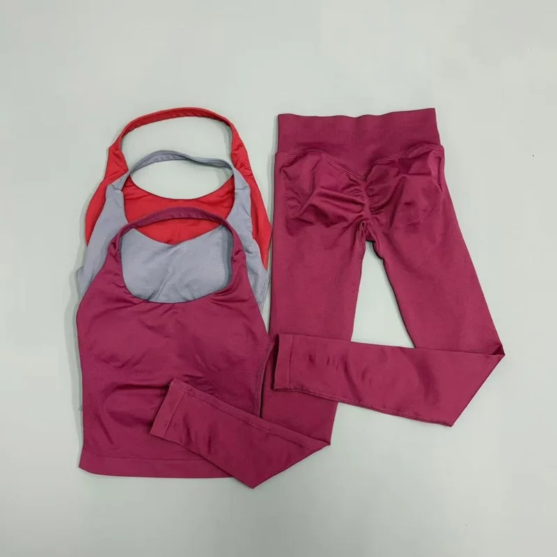 2-teiliges Damen-Fitness-Set Rückenfreies Sport-Top Po-Formende Leggings Nahtlos Atmungsaktiv Dehnbar Yoga Workout Fitness Outfit Anzüge