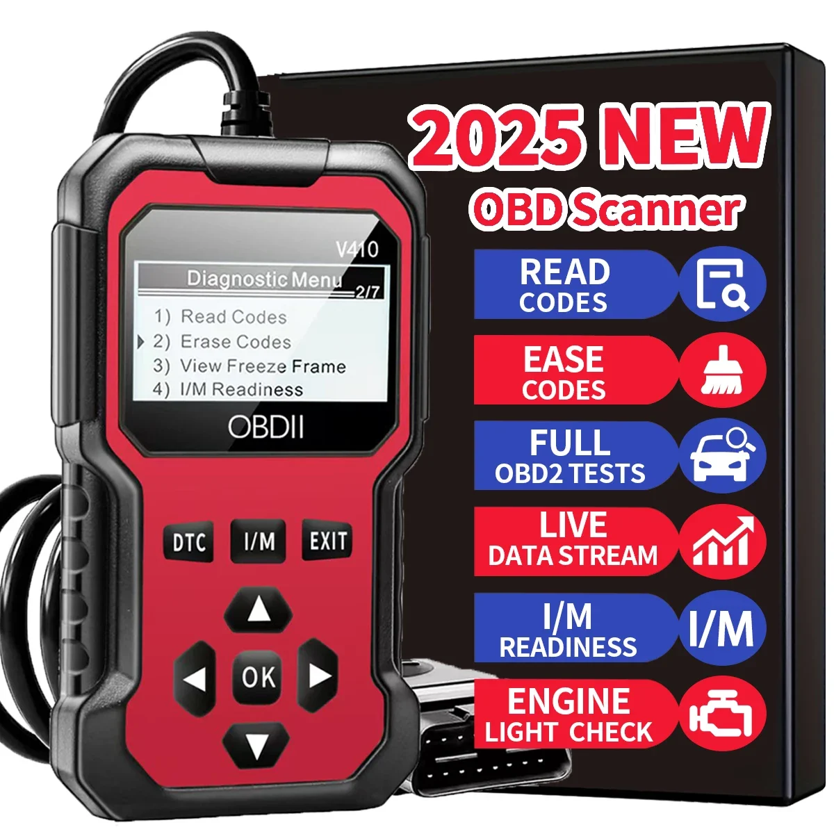 Obd2-Diagnosescanner-Tool – Motorfehlercodeleser für alle Autos seit 1996, mit Echtzeit-Datenstream und Code-Wischfunktion Image