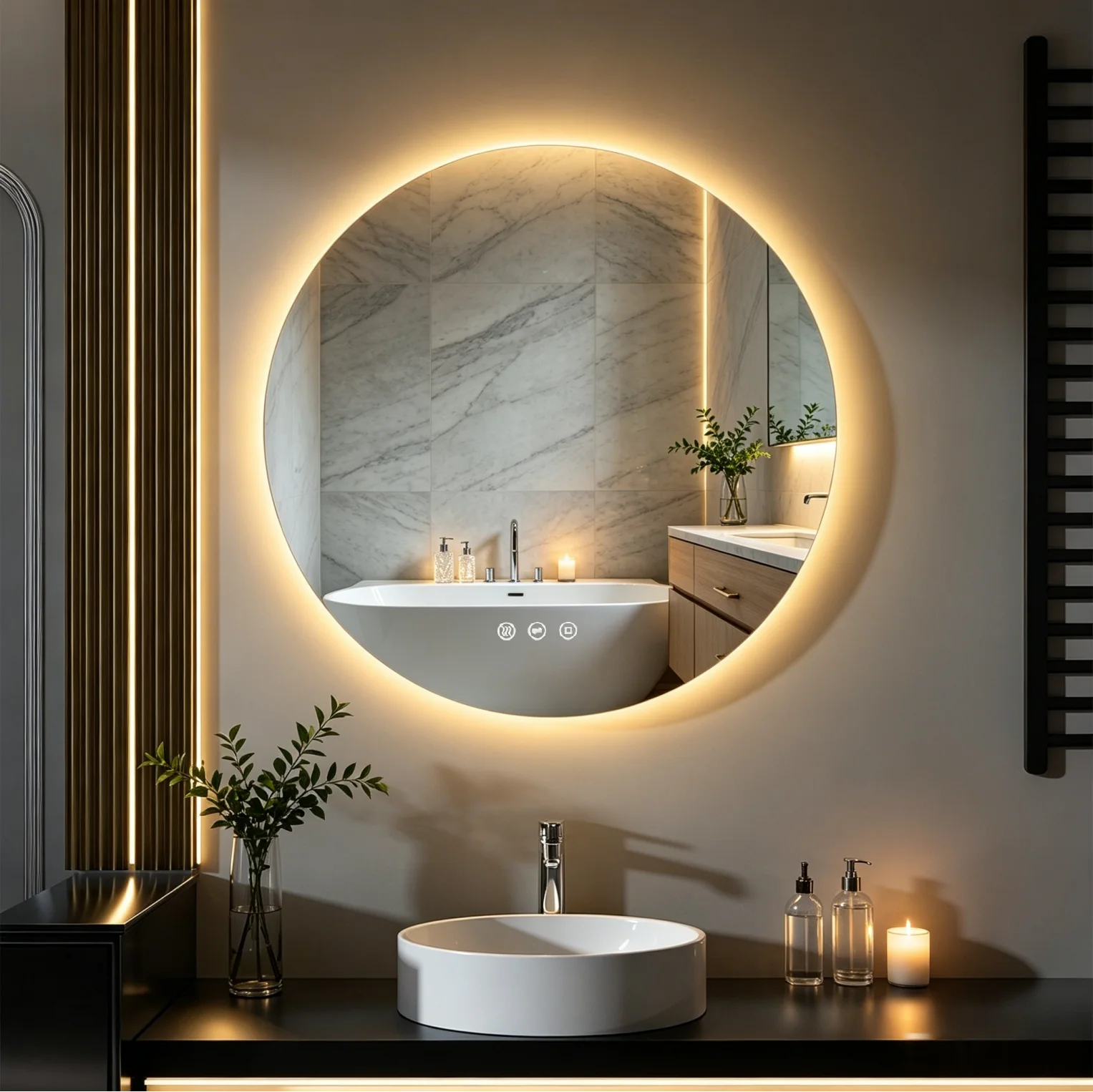80cm LED Badezimmerspiegel mit Beleuchtung – Runder Antibeschlag-Wandspiegel Dimmbar 3 Farbtemperaturen Touch-Schalter Speicherfunktion für Make-up und Schminktisch