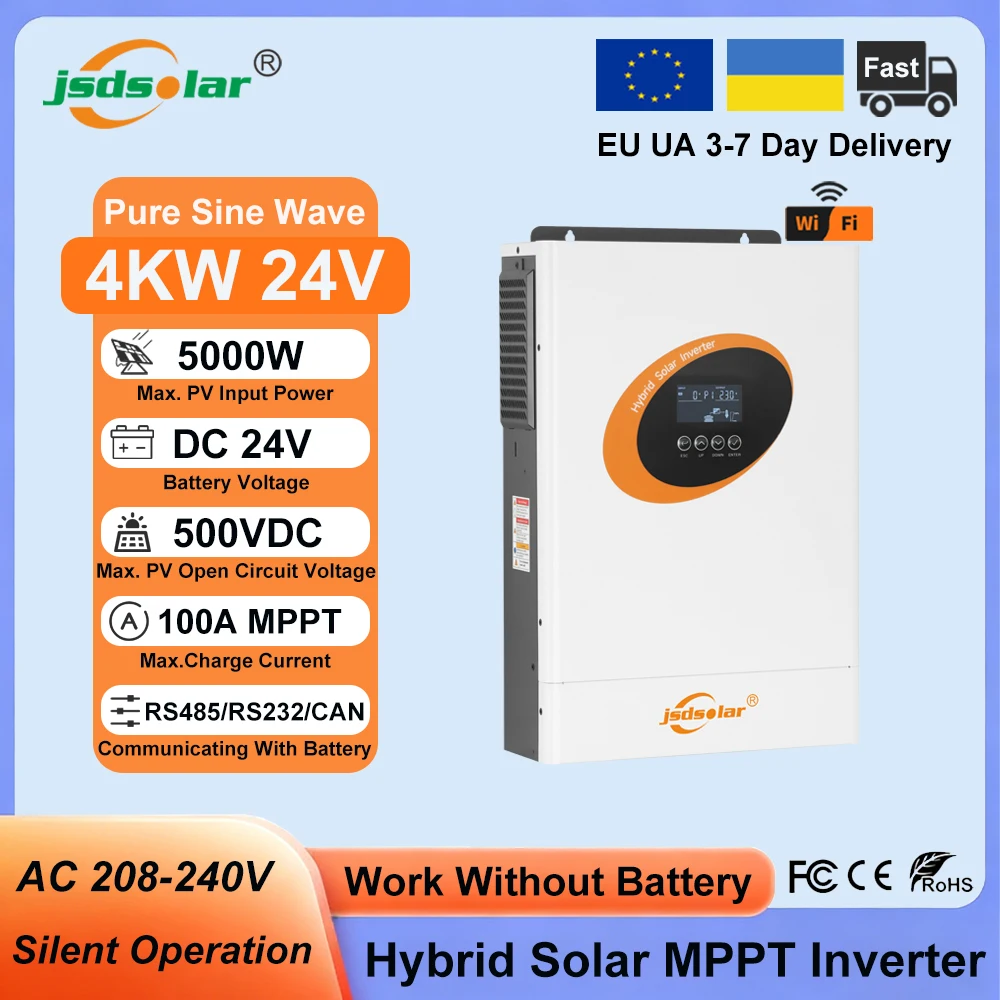 Jsdsolar Onduleur Solaire Hybride 4KW 24V, Chargeur Solaire MPPT 100A, Onduleur PV à Onde Sinusoïdale Pure 230V 5000W, Onduleur Hors Réseau/Sur Réseau avec WiFi Intégré, RS485, RS232, CAN pour Système