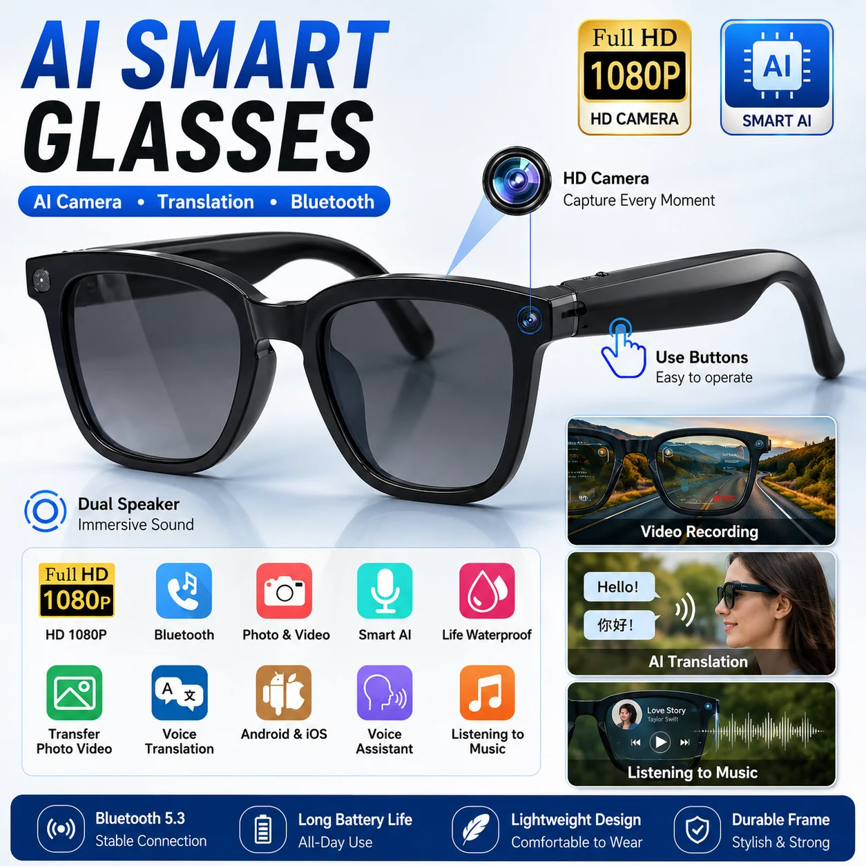 2026 Neue KI-Smart-Brille mit KI-Übersetzung, 8MP HD-Kamera, 4K-Aufnahme, Bildkonversation, Aufzeichnung und Musikwiedergabe Image