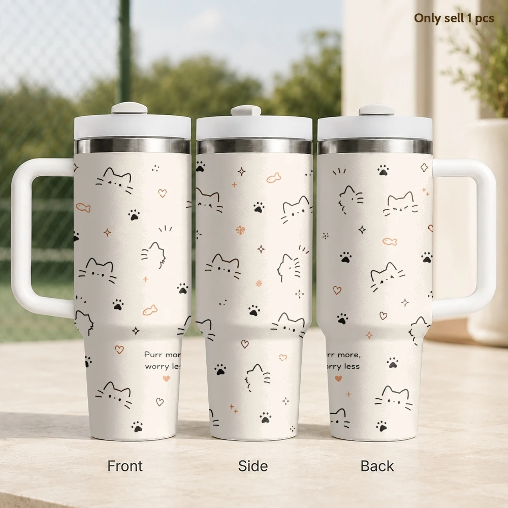 Niedliche Cartoon-Katzen-Vakuumflaschen 40oz Edelstahl Isolierbecher mit Griff & Strohhalm Auslaufsicherer Reisebecher Image