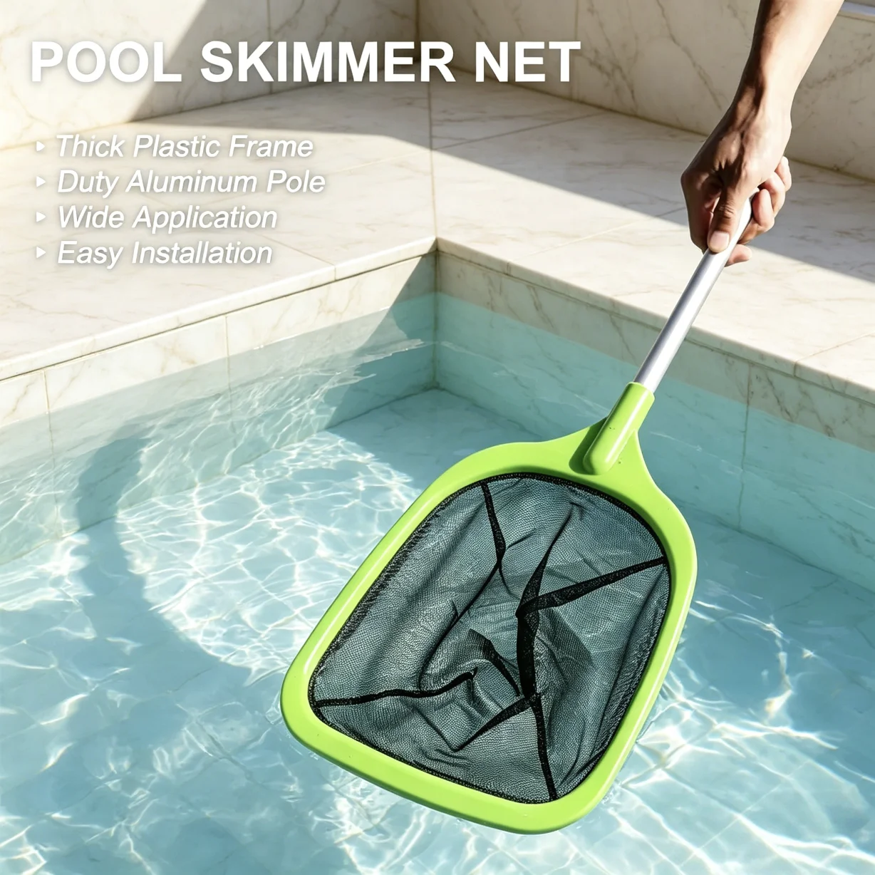 Feingitter-Poolskimmer mit stabilem Metallstiel und Laubnetz für Schwimmbecken, Whirlpools und Spas Image