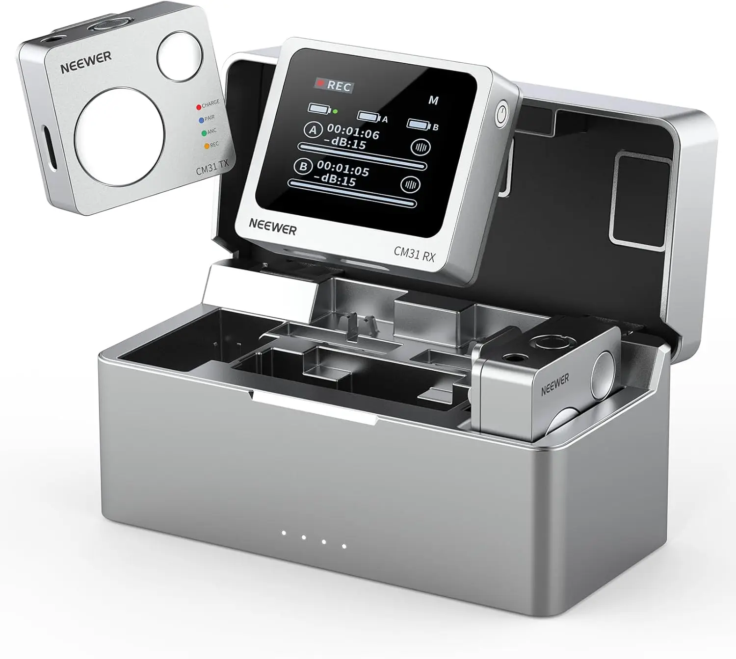 Neewer CM31 Kabelloses Lavalier-Mikrofon mit 8GB Speicher, 250M Reichweite, 48KHz, 24-Bit Geräuschunterdrückung, Kompatibel mit iPhone, iPad, Android, PC, Kamera, YouTube Image