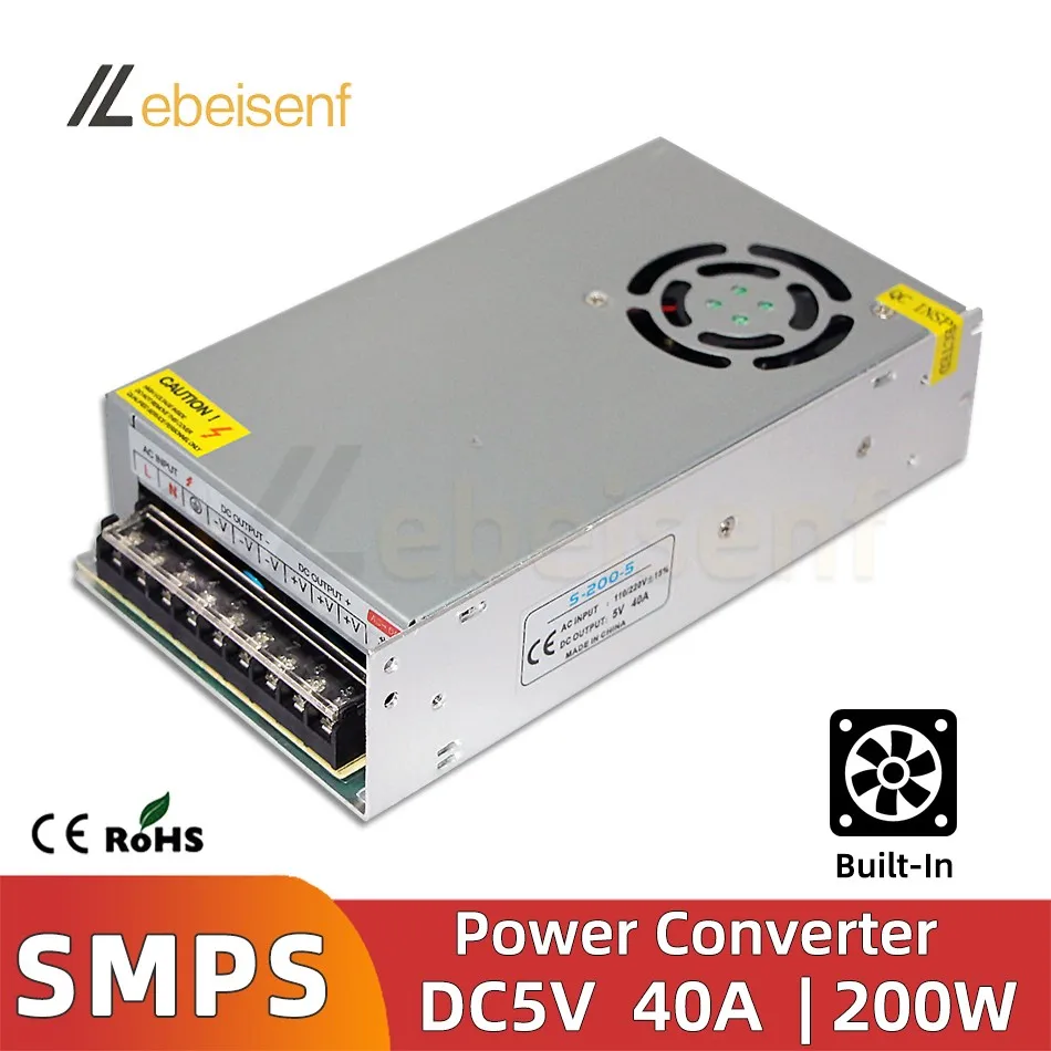 Schaltnetzteil 5V 200W 40A Aluminiumgehäuse LED-Lampen-Treiber Beleuchtungstransformator Eingebauter Lüfter 110V 220V AC zu DC Konverter Image