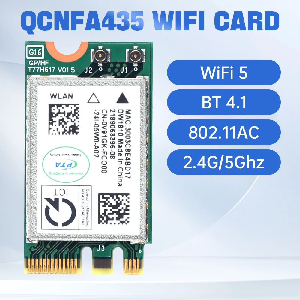 QCNFA435 Wireless-Adapterkarte QCA9377 Wi-Fi 5 Bluetooth 4.1 433 Mbit/s 802.11AC M.2 NGFF Dual Band 2,4 G/5 GHz für Win7/8/10 Image