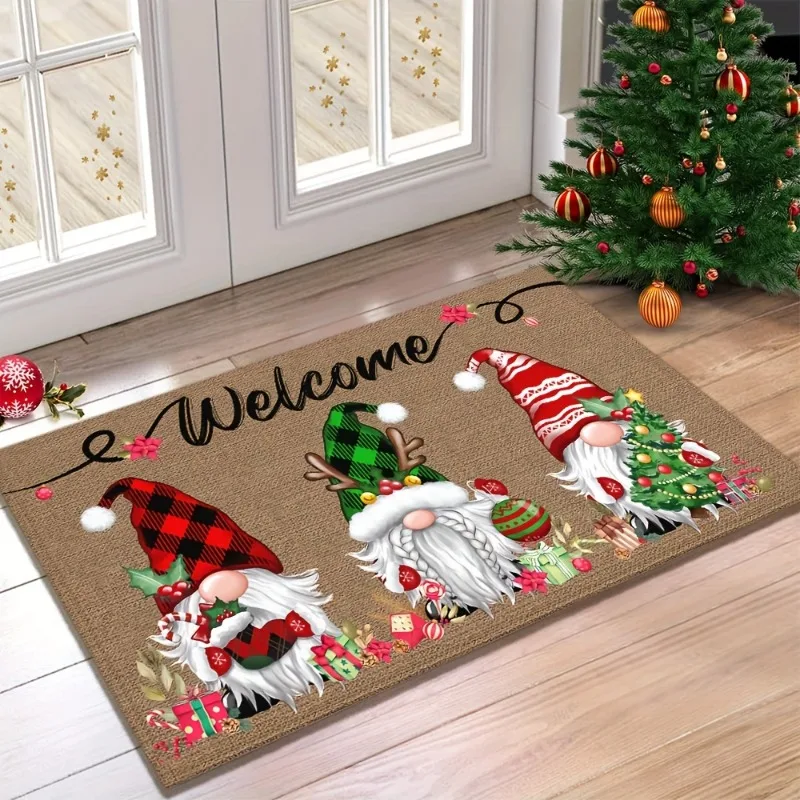 1 Stück festliche Weihnachtszwerg-Willkommens-Fußmatte, Feiertags-Bodenmatte mit drei Zwergen mit saisonalen Charms, für die Inneneinrichtung im Winter Image