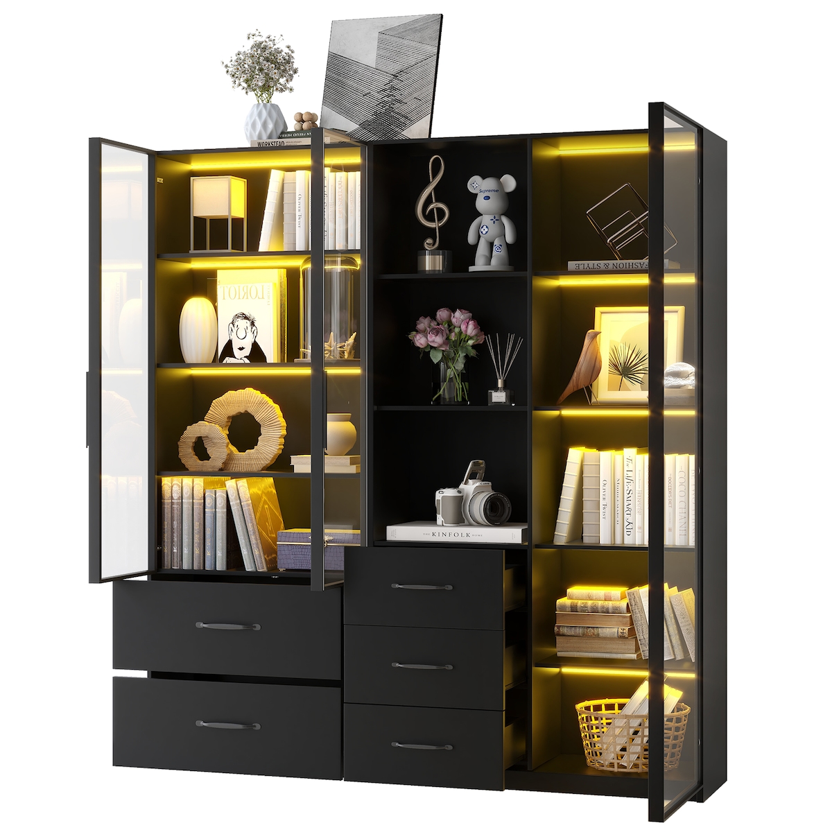 Merax LED Vitrine 140x40x160cm, Glasvitrine & Bücherregal mit LED-Beleuchtung, offenen Fächern, Schubladen, Kippschutz, schwarz Image